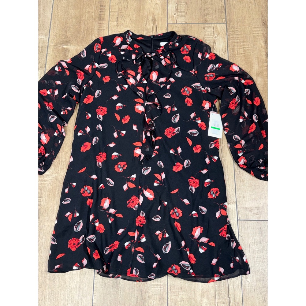 Kensie‎ Black Red Floral Chiffon Ruffle Tie Neck Long Sleeve A-Line Dress Size L